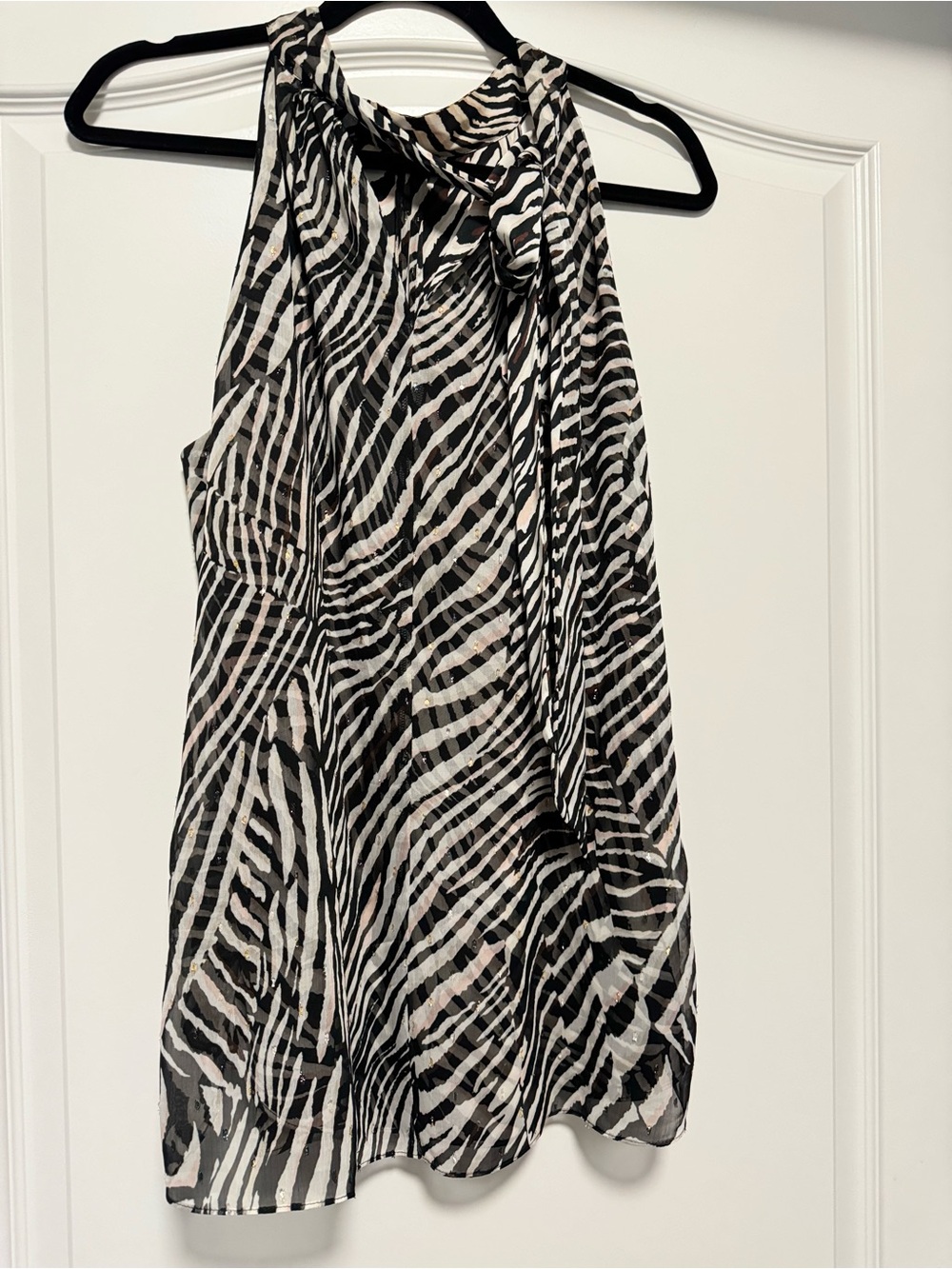White House Black Market Zebra Animal Print Tie Neck Blouse Sz 14 Sheer Metallic